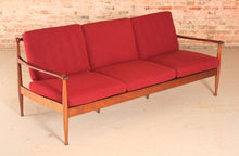 Load image into Gallery viewer, Danish Mid Century rosewood 3-seater sofa with red wool upholstery, circa 1960s