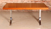 Load image into Gallery viewer, Danish Mid Century extending teak dining table with chrome legs by Poul Norrelikt for Dyrlund, circa 1970s