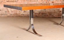 Load image into Gallery viewer, Danish Mid Century extending teak dining table with chrome legs by Poul Norrelikt for Dyrlund, circa 1970s