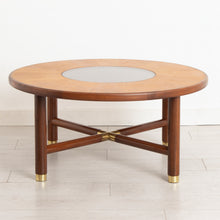 Load image into Gallery viewer, Midcentury G Plan Round Coffee Table with Smoked Glass Top & Brass Feet c.1960s
