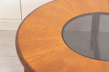 Load image into Gallery viewer, Midcentury G Plan Round Coffee Table with Smoked Glass Top & Brass Feet c.1960s