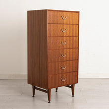 Load image into Gallery viewer, Midcentury Tallboy/Chest of Drawers in Tola with Brass Handles by Meredew c.1960