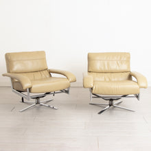 Load image into Gallery viewer, Pair of Midcentury Pieff 'Gamma' Leather & Chrome Swivel Armchairs c.1970s