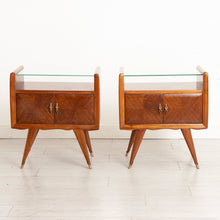 Load image into Gallery viewer, Pair of Italian Midcentury Rosewood Bedside Tables with Glass Tops & Brass Feet c.1955