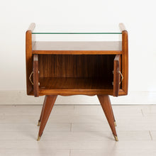 Load image into Gallery viewer, Pair of Italian Midcentury Rosewood Bedside Tables with Glass Tops & Brass Feet c.1955