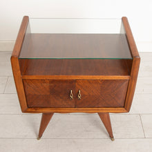 Load image into Gallery viewer, Pair of Italian Midcentury Rosewood Bedside Tables with Glass Tops & Brass Feet c.1955