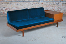Load image into Gallery viewer, Mid Century teak daybed with teal colour velvet cushions, circa 1960s.