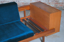 Load image into Gallery viewer, Mid Century teak daybed with teal colour velvet cushions, circa 1960s.