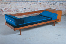 Load image into Gallery viewer, Mid Century teak daybed with teal colour velvet cushions, circa 1960s.