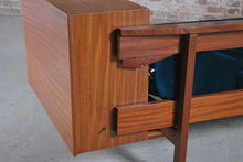 Load image into Gallery viewer, Mid Century teak daybed with teal colour velvet cushions, circa 1960s.