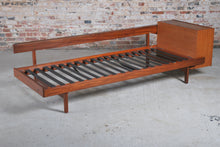 Load image into Gallery viewer, Mid Century teak daybed with teal colour velvet cushions, circa 1960s.