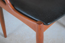 Load image into Gallery viewer, Set of 4 Danish Mid Century Model 16 teak dining chairs with original black vinyl upholstery by Johannes Andersen for Uldum Mobelfabrik, circa 1960s.