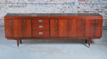 Load image into Gallery viewer, Mid Century teak and mahogany long sideboard with brass handles by Greaves&Thomas, stamped 1966.