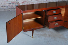 Load image into Gallery viewer, Mid Century teak and mahogany long sideboard with brass handles by Greaves&Thomas, stamped 1966.
