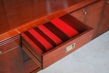Load image into Gallery viewer, Mid Century teak and mahogany long sideboard with brass handles by Greaves&Thomas, stamped 1966.