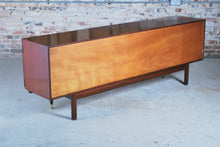 Load image into Gallery viewer, Mid Century teak and mahogany long sideboard with brass handles by Greaves&Thomas, stamped 1966.