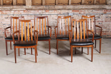 Load image into Gallery viewer, Set of 6 Mid Century G-plan Fresco afromosia carver dining chairs reupholstered with premium black vinyl.