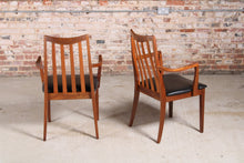 Load image into Gallery viewer, Set of 6 Mid Century G-plan Fresco afromosia carver dining chairs reupholstered with premium black vinyl.
