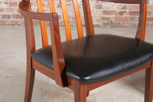 Load image into Gallery viewer, Set of 6 Mid Century G-plan Fresco afromosia carver dining chairs reupholstered with premium black vinyl.