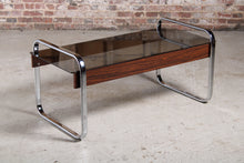 Load image into Gallery viewer, Mid Century chrome, zebrawood and smoked glass coffee table in the manner of Peter Protzman for Herman Miller, circa 1970s.