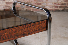 Load image into Gallery viewer, Mid Century chrome, zebrawood and smoked glass coffee table in the manner of Peter Protzman for Herman Miller, circa 1970s.