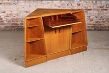 Load image into Gallery viewer, Mid Century G-plan Brandon oak corner desk and 2 matching corner shelves, circa 1950s