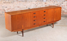 Load image into Gallery viewer, Danish Mid Century teak sideboard with carved rosewood handles.