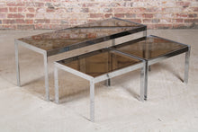 Load image into Gallery viewer, Mid Century Merrow Associates chrome and smoked glass nest of tables.