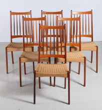 Load image into Gallery viewer, Set of 6 Danish Dining Chairs with weaved papercord seats by Arne Hovmand-Olsen for Mogens Kold, 1960s.