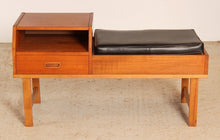 Load image into Gallery viewer, Mid Century teak telephone seat with a black vinyl seat and a drawer, circa 1960s
