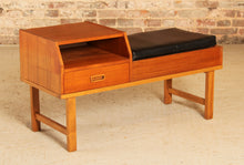 Load image into Gallery viewer, Mid Century teak telephone seat with a black vinyl seat and a drawer, circa 1960s
