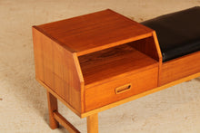 Load image into Gallery viewer, Mid Century teak telephone seat with a black vinyl seat and a drawer, circa 1960s
