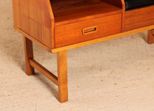 Load image into Gallery viewer, Mid Century teak telephone seat with a black vinyl seat and a drawer, circa 1960s
