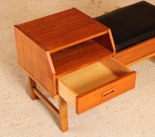 Load image into Gallery viewer, Mid Century teak telephone seat with a black vinyl seat and a drawer, circa 1960s
