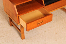 Load image into Gallery viewer, Mid Century teak telephone seat with a black vinyl seat and a drawer, circa 1960s
