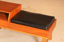 Load image into Gallery viewer, Mid Century teak telephone seat with a black vinyl seat and a drawer, circa 1960s

