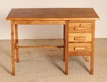 Load image into Gallery viewer, Vintage Mid Century oak kneehole desk with 3 drawers, circa 1960s
