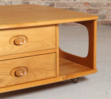 Load image into Gallery viewer, Mid Century Ercol Pandora's Box beech and elm occasional table on casters, circa 1970s
