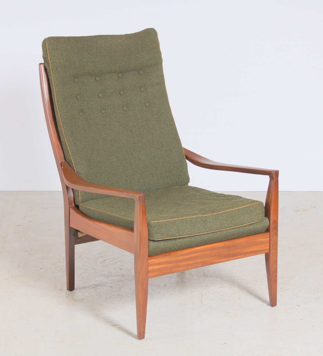 Mid Century Cintique Afrormosia Armchair with Original Green Fabric Upholstery.