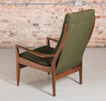 Load image into Gallery viewer, Mid Century Cintique Afrormosia Armchair with Original Green Fabric Upholstery.
