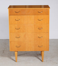 Load image into Gallery viewer, Mid Century Oak Chest of Drawers with Brass Handles, circa 1960s.
