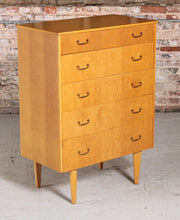 Load image into Gallery viewer, Mid Century Oak Chest of Drawers with Brass Handles, circa 1960s.
