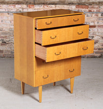 Load image into Gallery viewer, Mid Century Oak Chest of Drawers with Brass Handles, circa 1960s.
