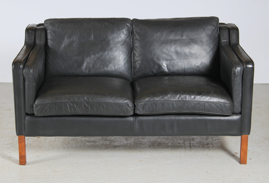 Danish Mid Century Black Leather 2-Seater Sofa by Stouby c. 1970s.