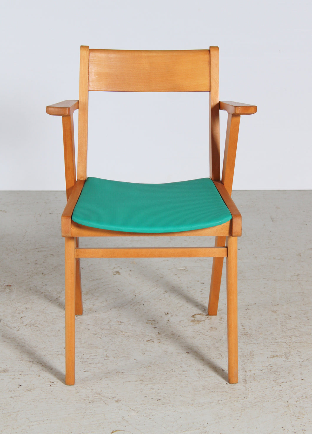French Mid Century beech chair with Green Vinyl Seat. c. 1960s