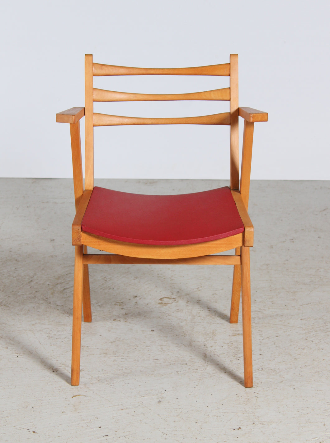 French Mid Century Beech Chair with Red Vinyl Seat. c1960s