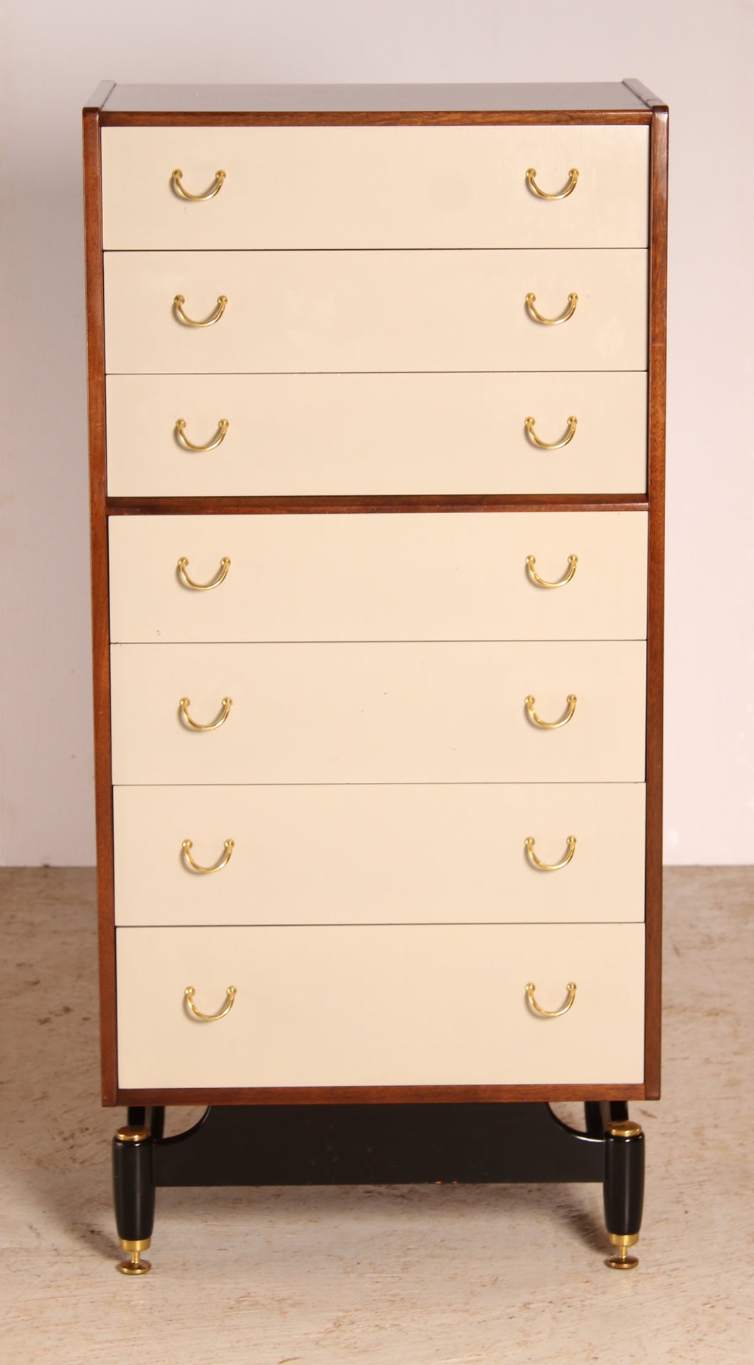 Mid Century G-plan Librenza tola and black chest of drawers with original Chinese White drawer fronts, circa 1960s.