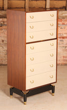 Load image into Gallery viewer, Mid Century G-plan Librenza tola and black chest of drawers with original Chinese White drawer fronts, circa 1960s.
