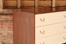 Load image into Gallery viewer, Mid Century G-plan Librenza tola and black chest of drawers with original Chinese White drawer fronts, circa 1960s.
