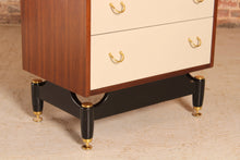 Load image into Gallery viewer, Mid Century G-plan Librenza tola and black chest of drawers with original Chinese White drawer fronts, circa 1960s.
